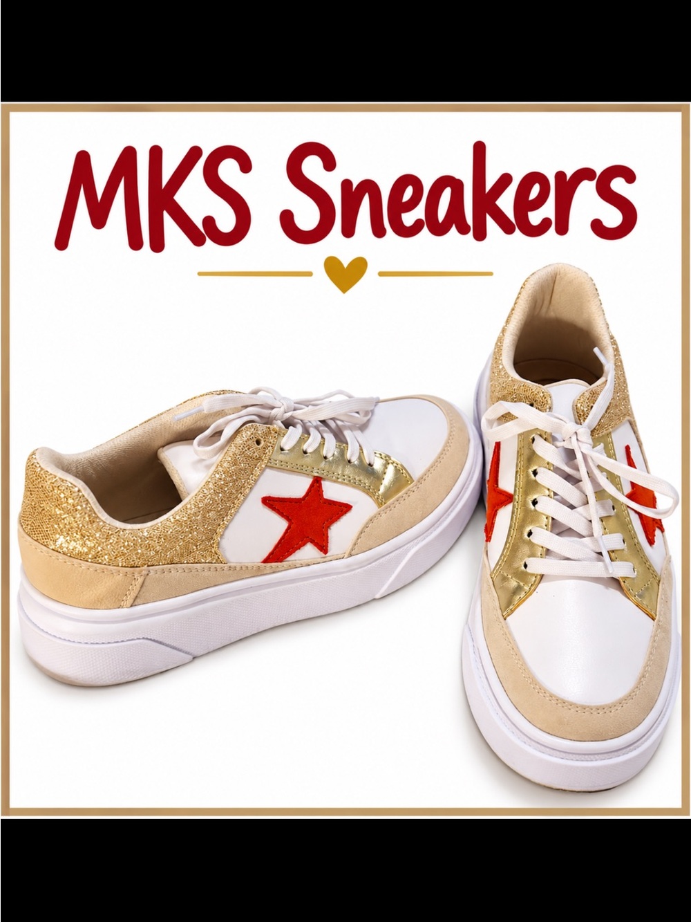 Women-White & Gold Star Lace-Up Shoes